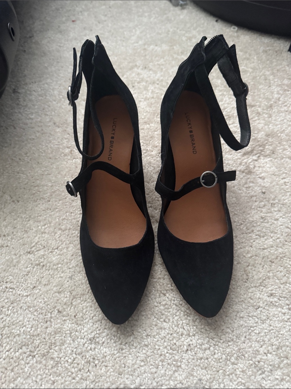 Lucky Brand Black Suede Double Strap Pointed Heels